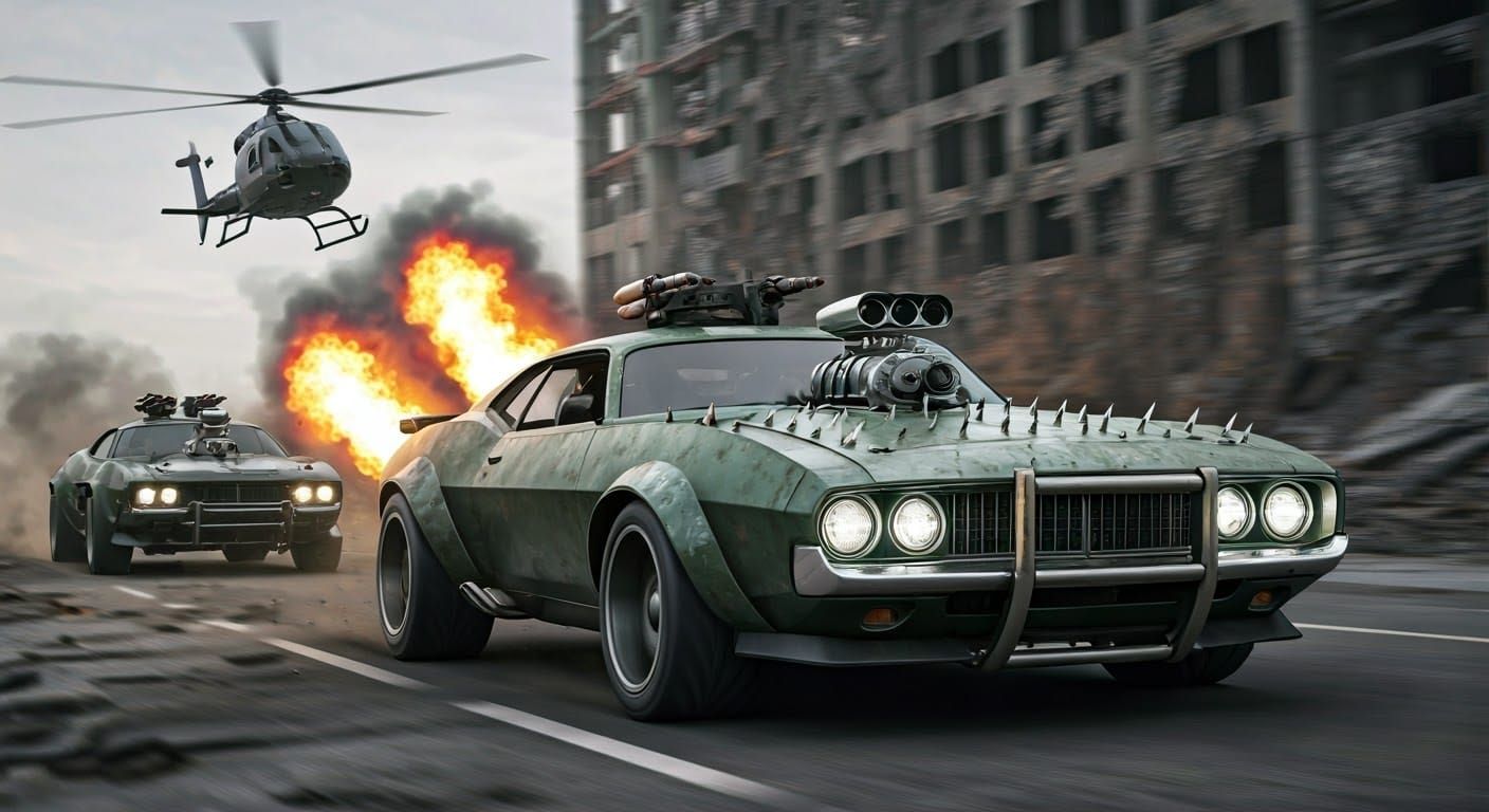 Post-Apocalyptic Muscle Car Race Through Ruined City