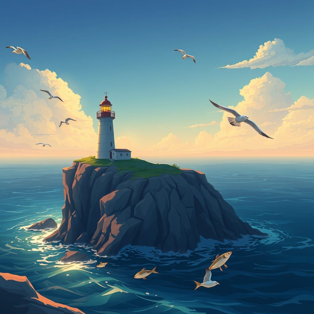 Whimsical Lighthouse on Ocean Cliff Radiates Soft Glows in A...