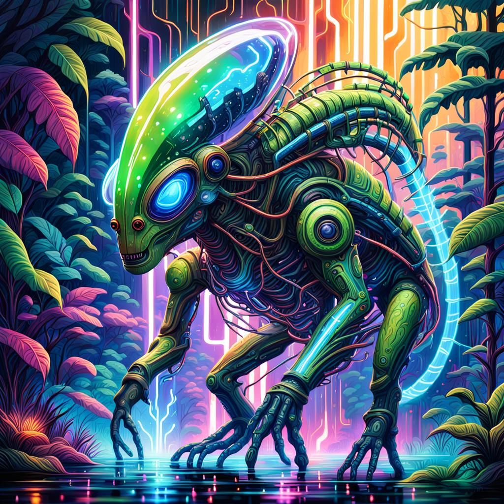 Alien Creature Navigates Neon Circuit Board Jungle