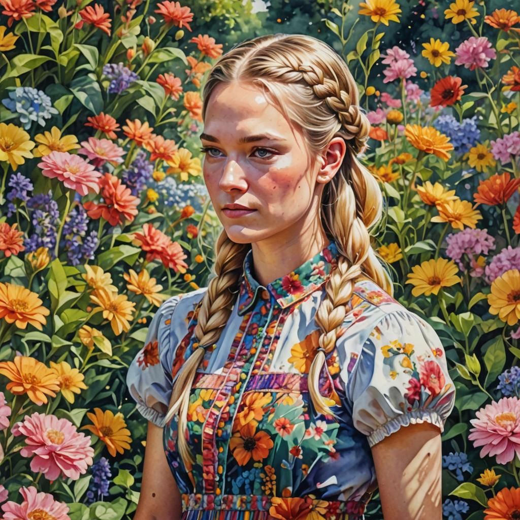 Girl in Blooming Garden: Watercolour Splash Art