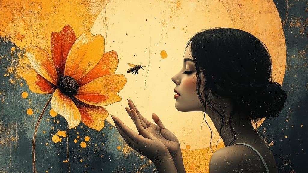 Woman Approaches Vibrant Flower in Surrealist Dreamscape