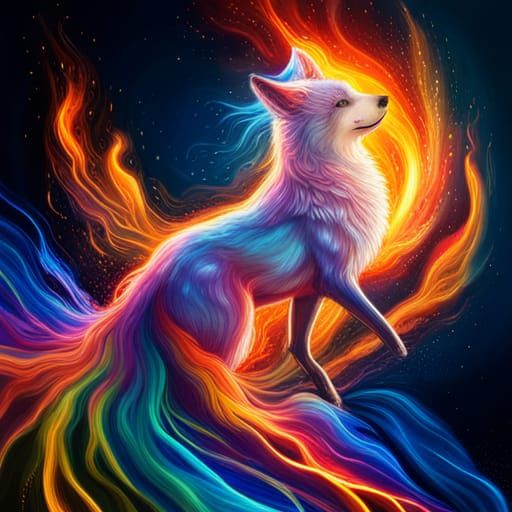 Blue Ghost Fox in Rainbow Fire: Hyperrealistic Art