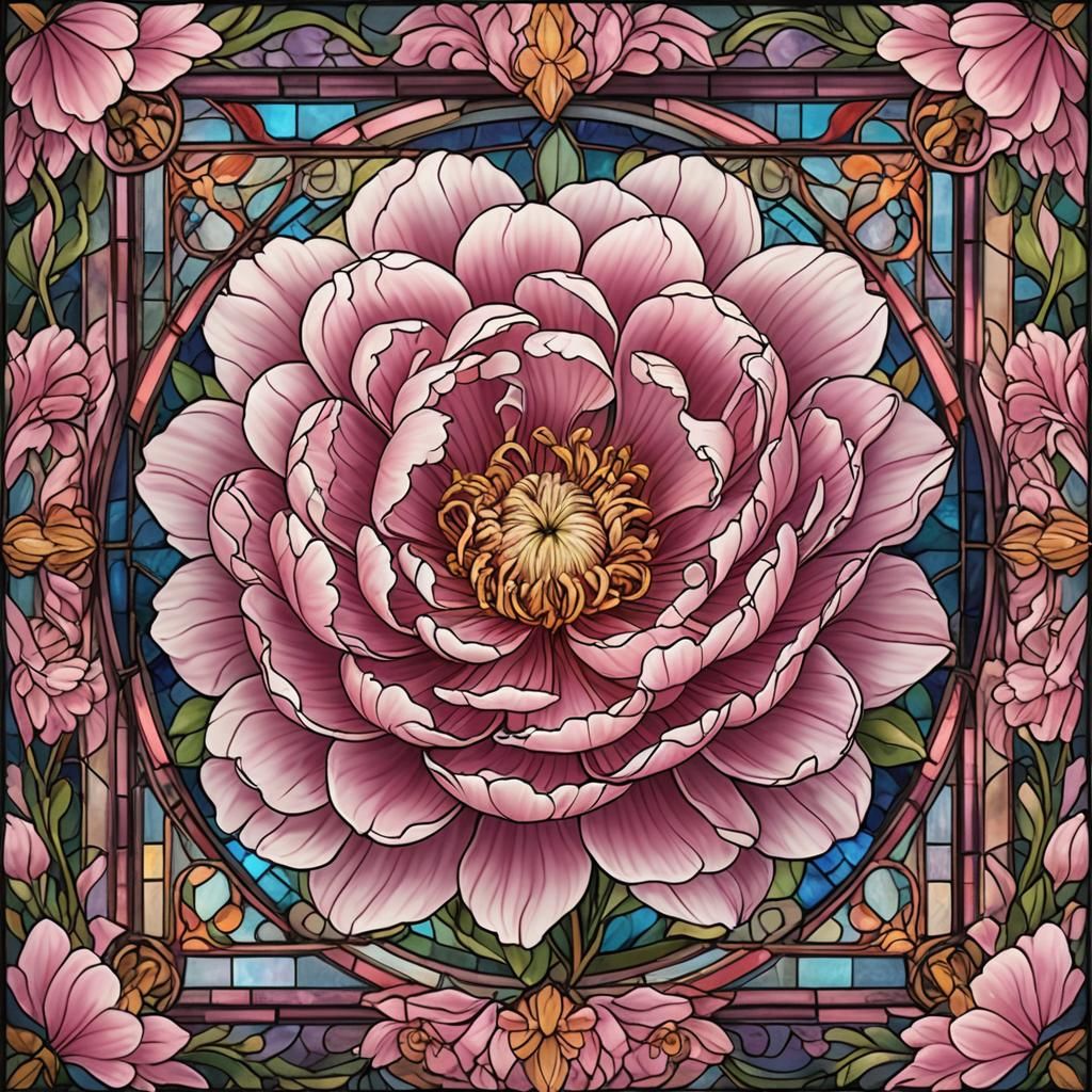Pink Peony in Stained Glass: Fantasy Concept Art