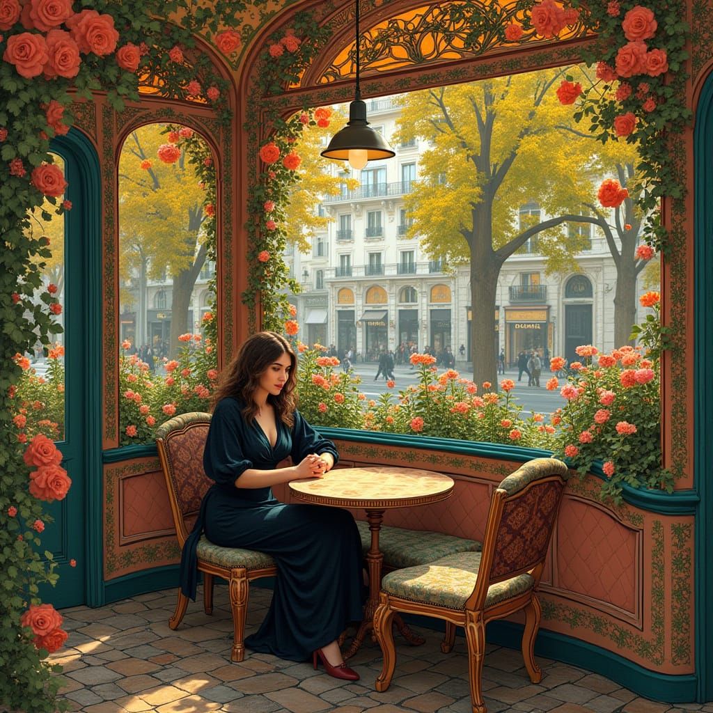 Parisian Cafe Scene in Art Nouveau Style