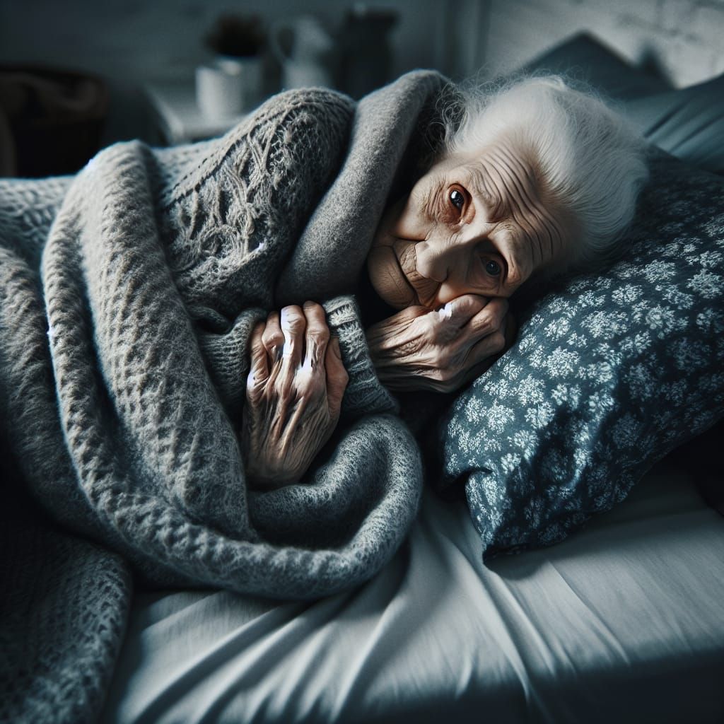 Elderly Woman's Fearful Moment in a Grey Room