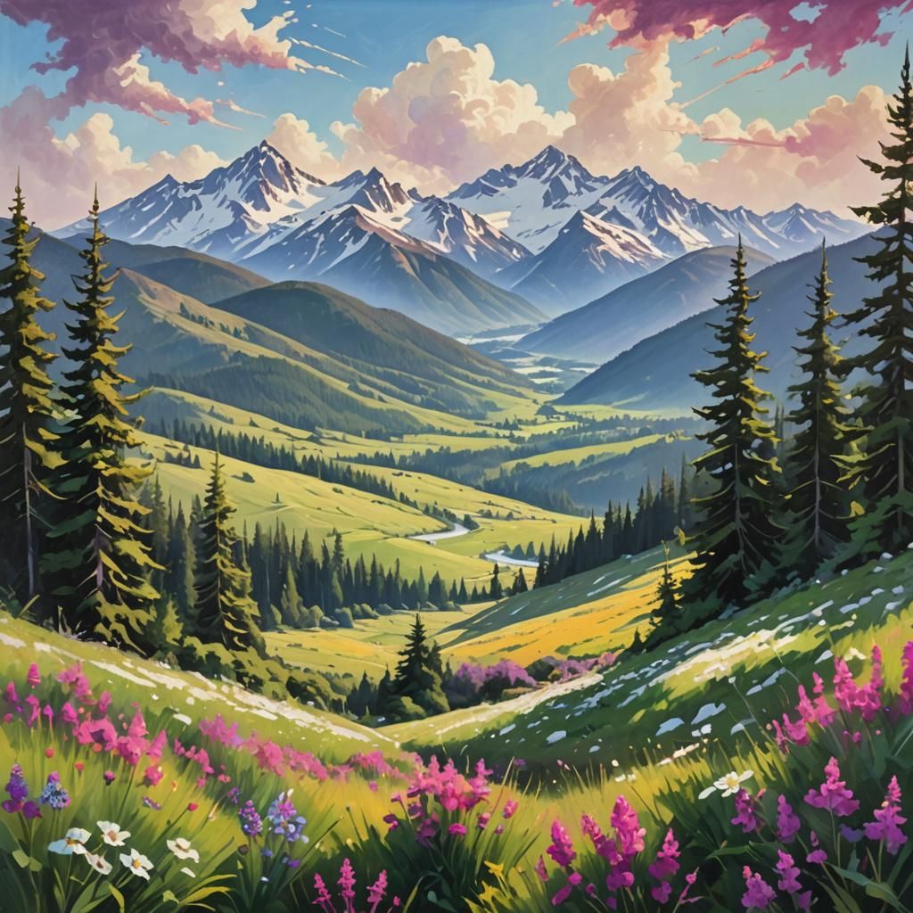 Majestic Mountain Landscape Painting with Wildflowers
