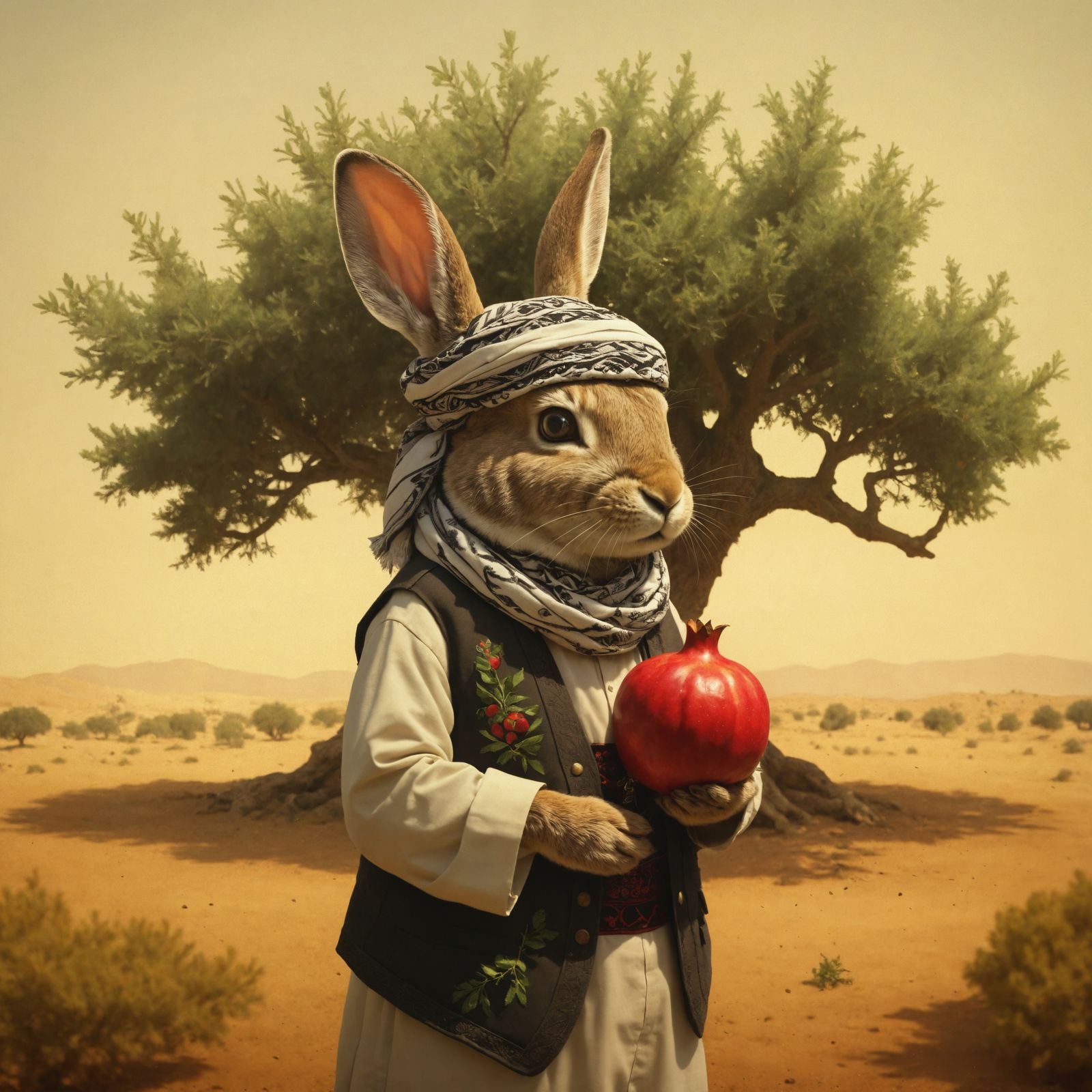 Rabbit in Gazan Attire, Holding Pomegranate, Beside Olive Tr...