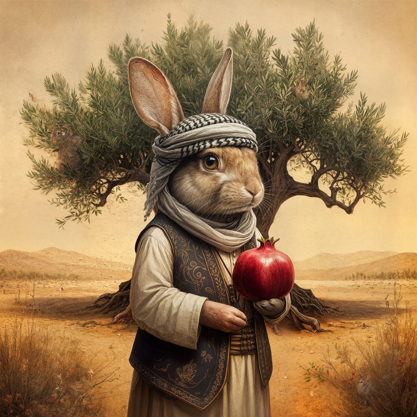 Rabbit with Keffiyeh Holding Pomegranate Near Olive Tree