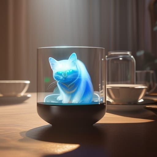 Holographic Ghost Cat in Teacup, Art Nouveau Style