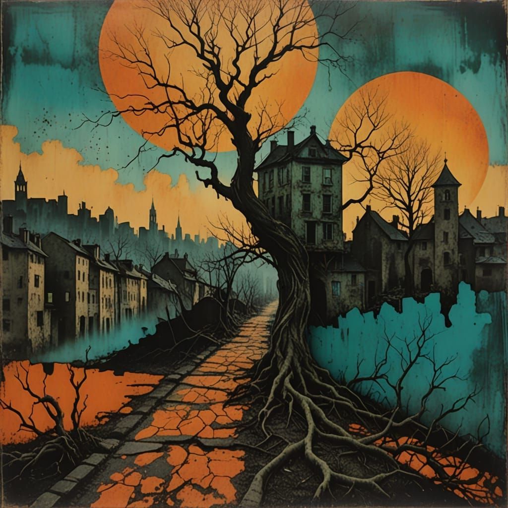 Surreal Village Scene in Mixed Media Style