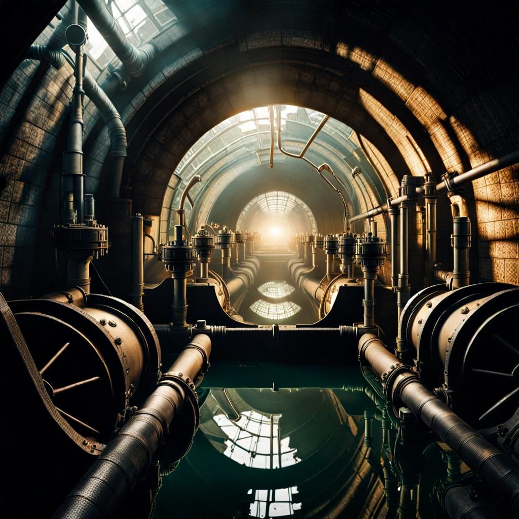 Steampunk Sewer System with Steam Valves in 8K