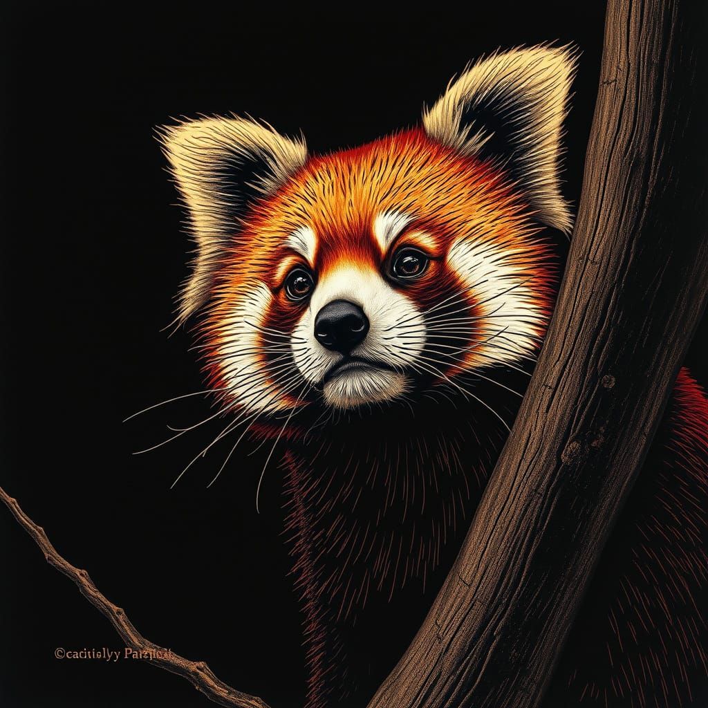 Red Panda Portrait in Detailed Scratchboard Style