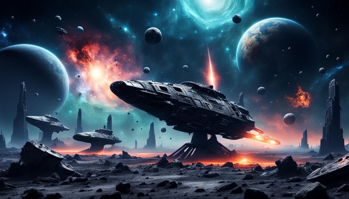 Spaceship Graveyard in Deep Space with Nebulae