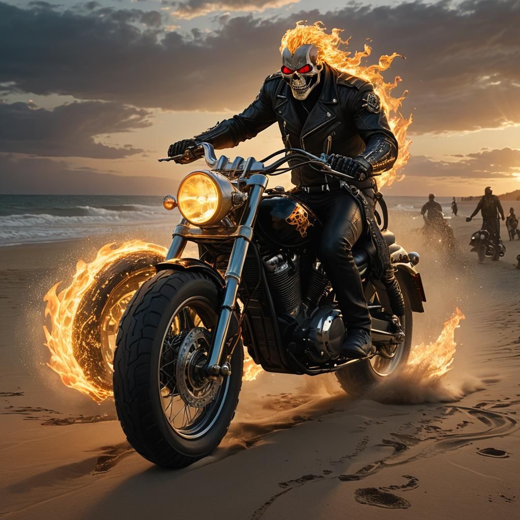 Ghost Rider on Beach at Sunset: Dark Fantasy Art