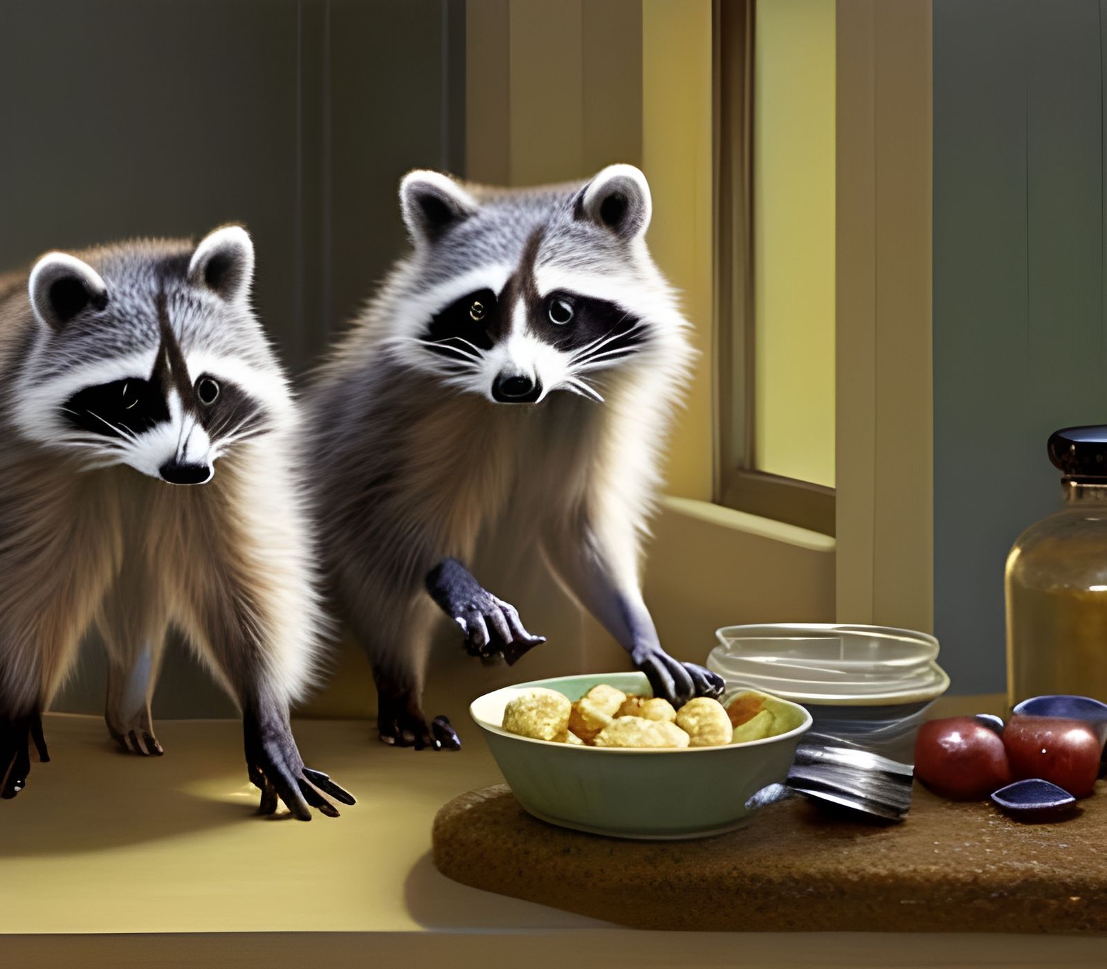 two raccoons caught stealing food