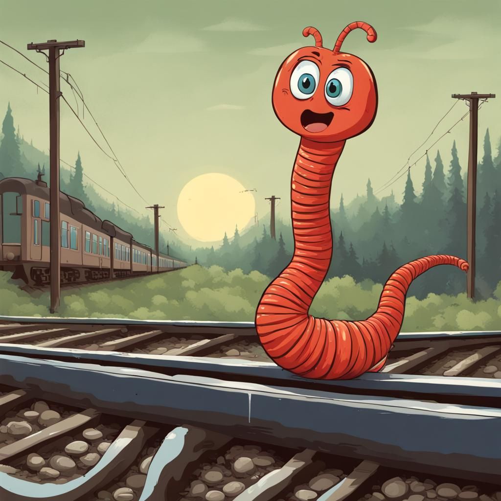 Cartoon Worm on Railroad Track: A Whimsical Illustration