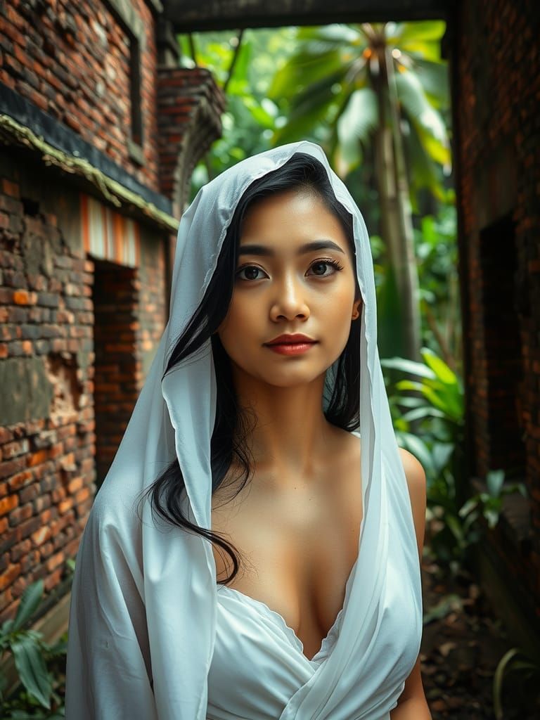 A Young Indonesian Woman in a Tropical Jungle Temple