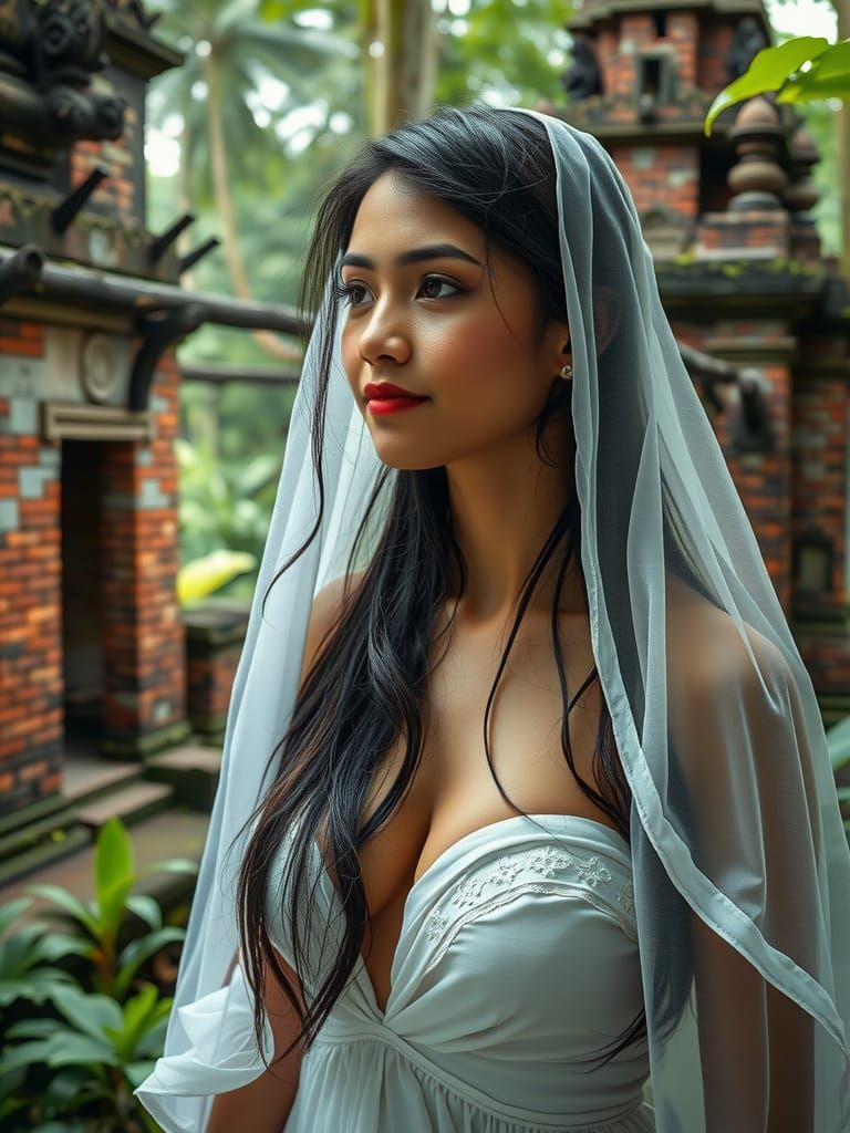 Indonesian Woman in Ruined Temple