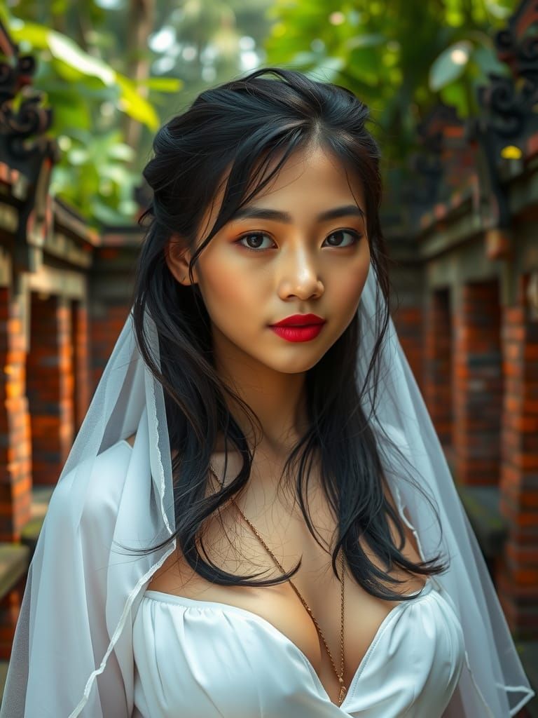 Indonesian Woman in Ruined Jungle Temple