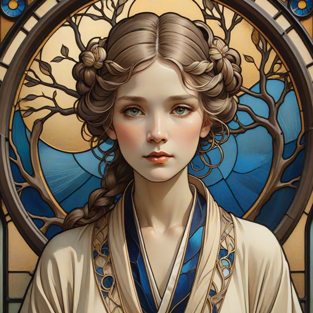 Art Nouveau Woman Before Stained Glass Window