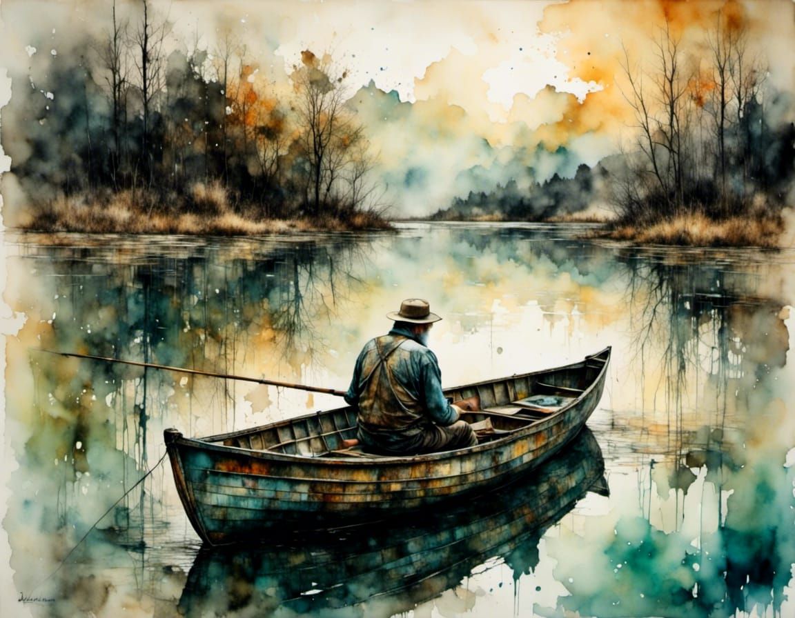 Fisherman on Lake in Ektachrome Style