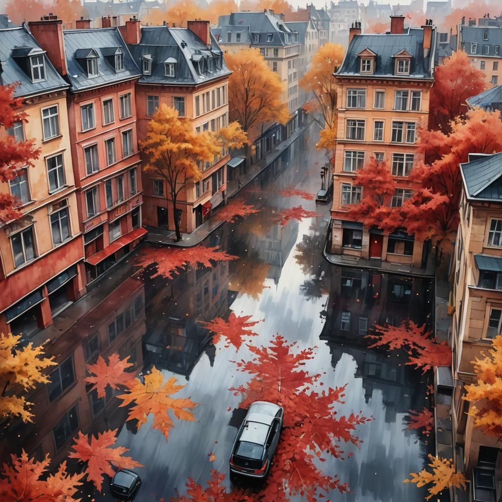 Golden Autumn Cityscape in Delicate Watercolor