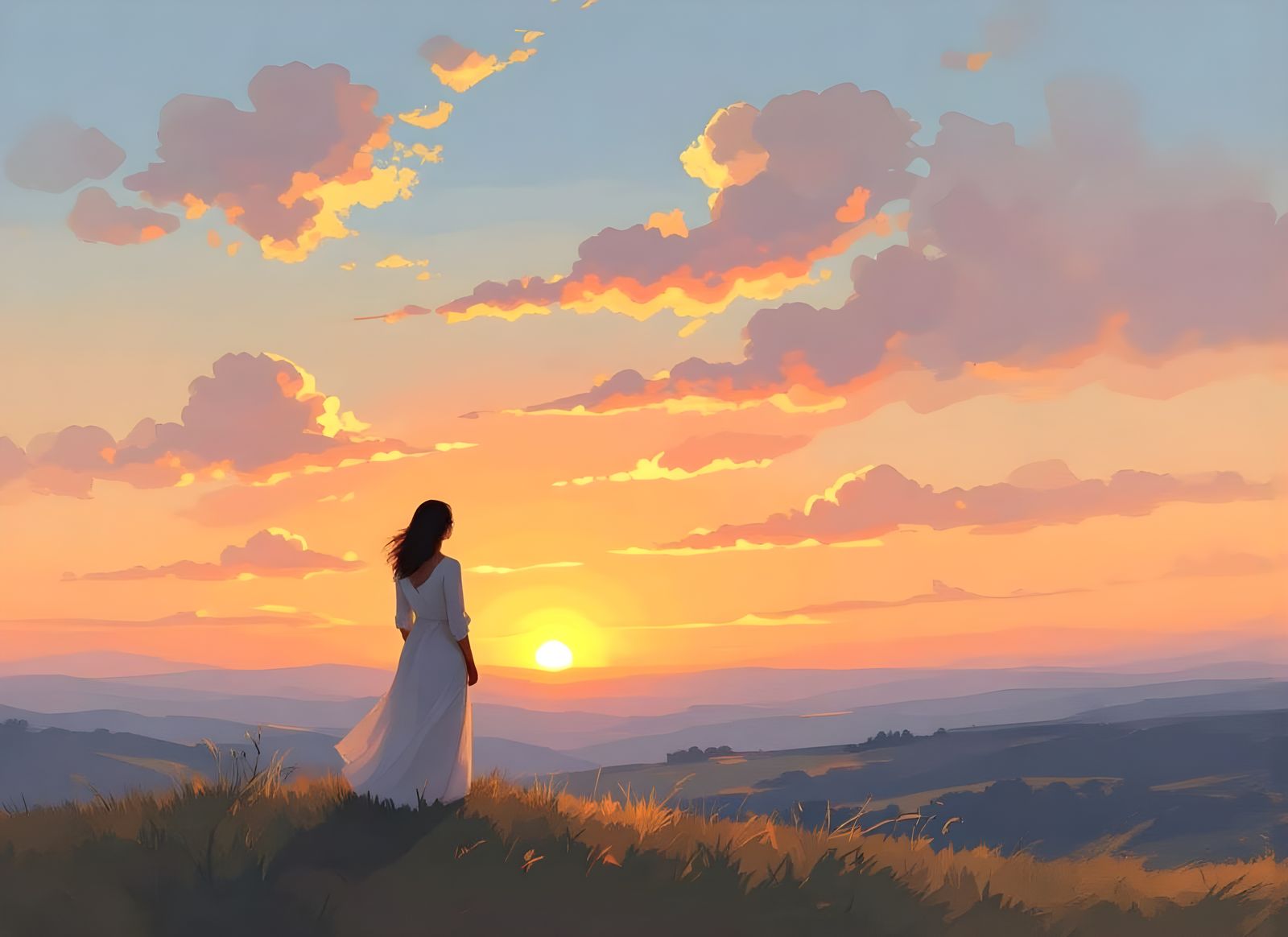 Woman Gazing at Sunset in Impressionist Style