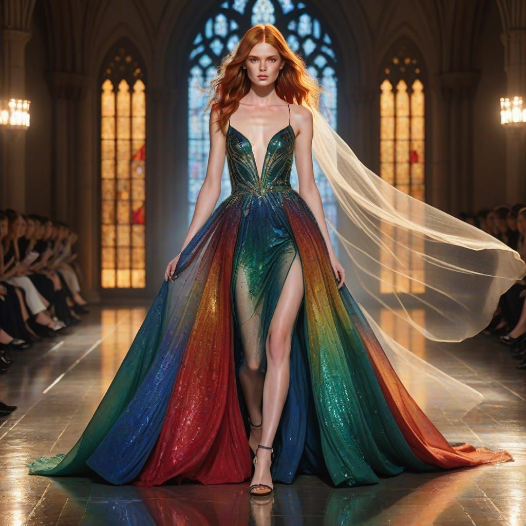 Ethereal Fashion Model Walks the Runway in Gothic Stained-Gl...
