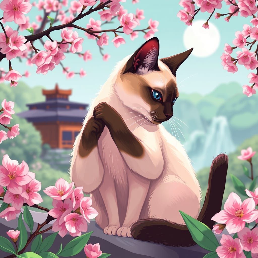 Siamese Cat Grooming in Anime-Style Japanese Garden