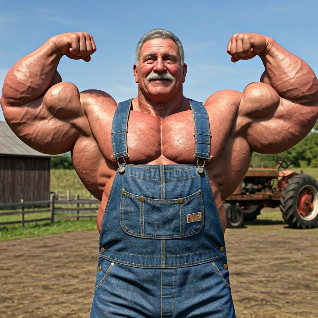 Powerful Farmer Poses in Rustic Yard