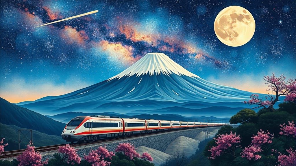 Mount Fuji and Shinkansen Train in Gouache Style