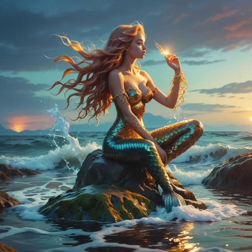 Mermaid sitting on a rock, calm in rough water at sunset