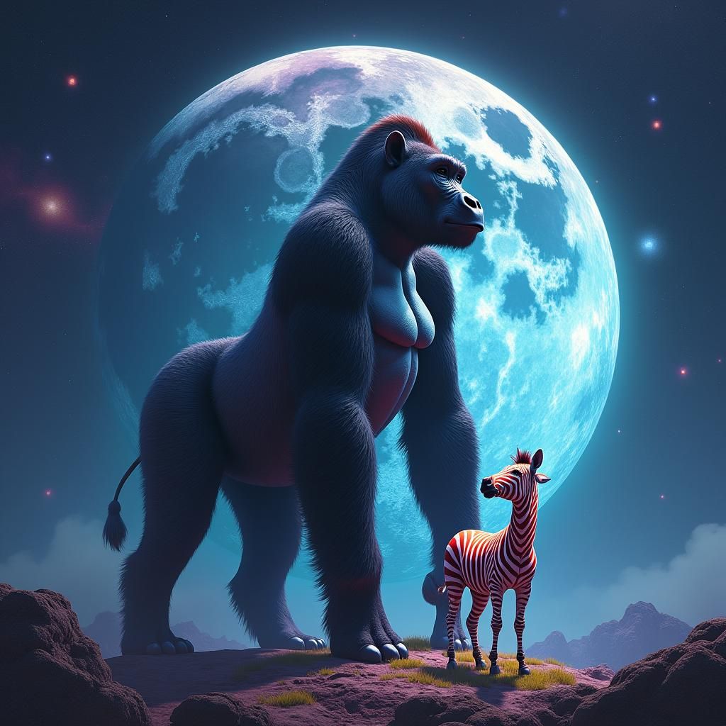 Gorilla on Iridescent Moon with Zebra in Fantasy Art