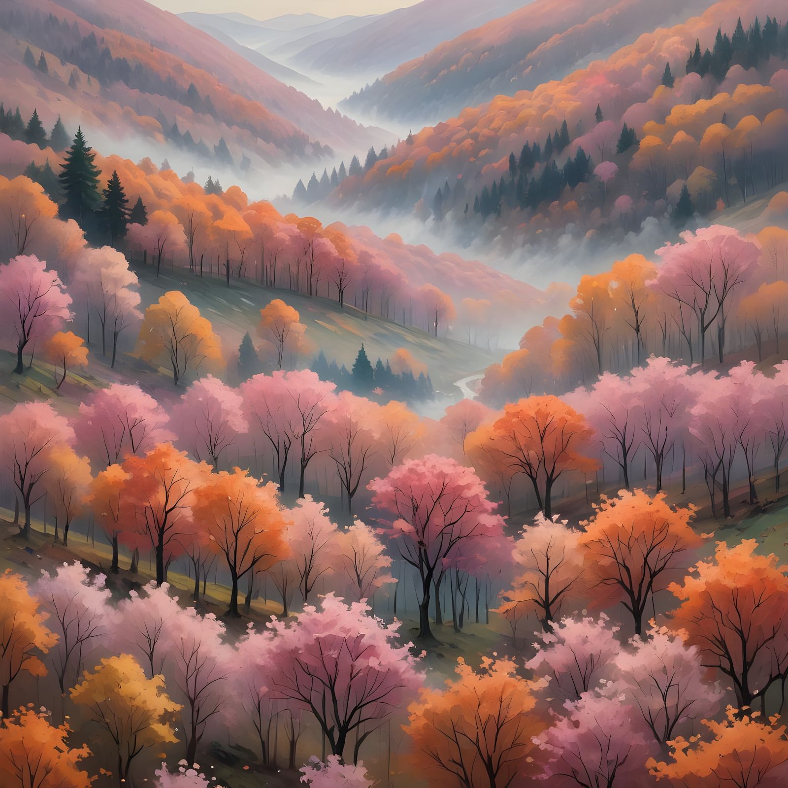 Pink Autumn Nature Scene in Dreamlike Style