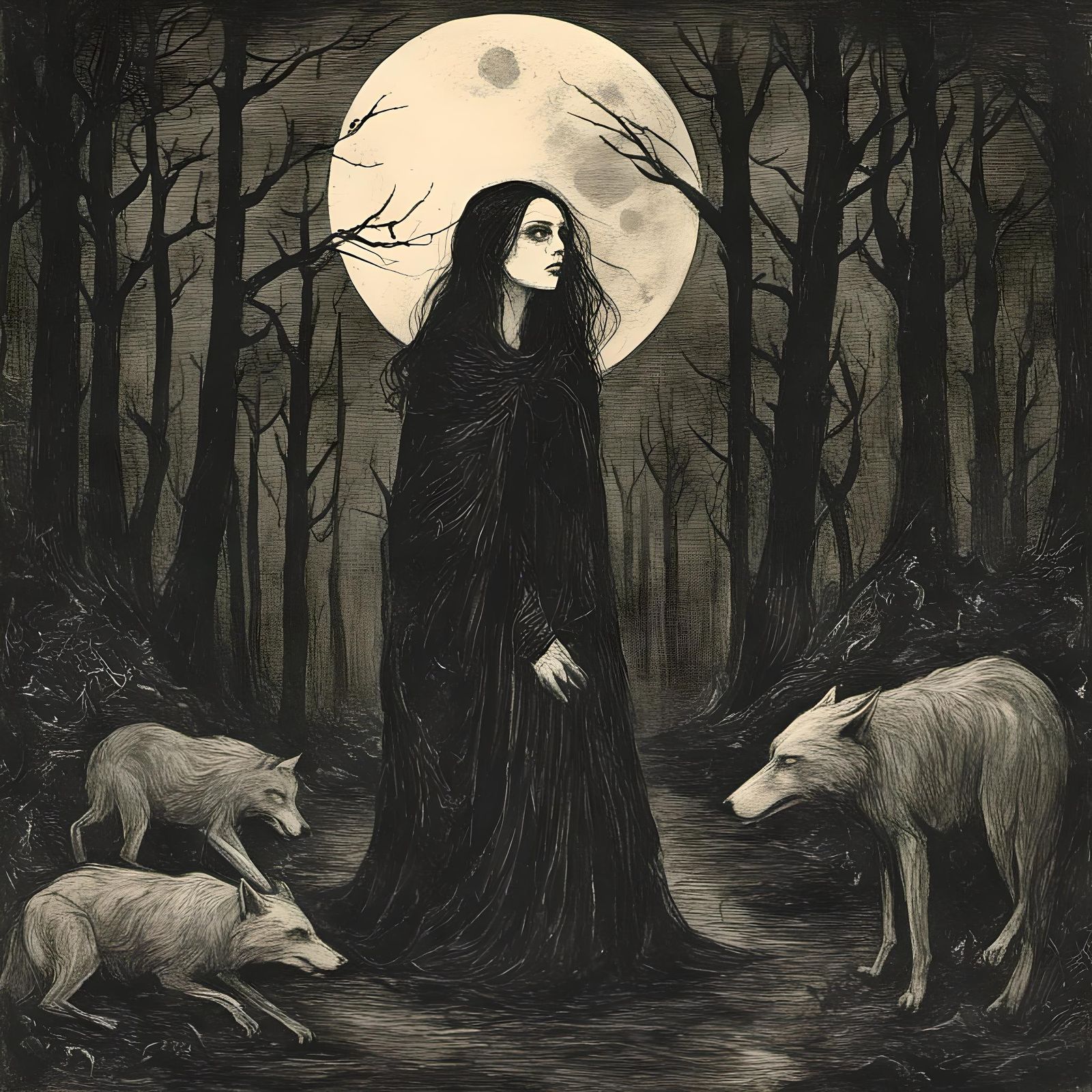 Moonlit Forest: Woman and Wolf Fusion