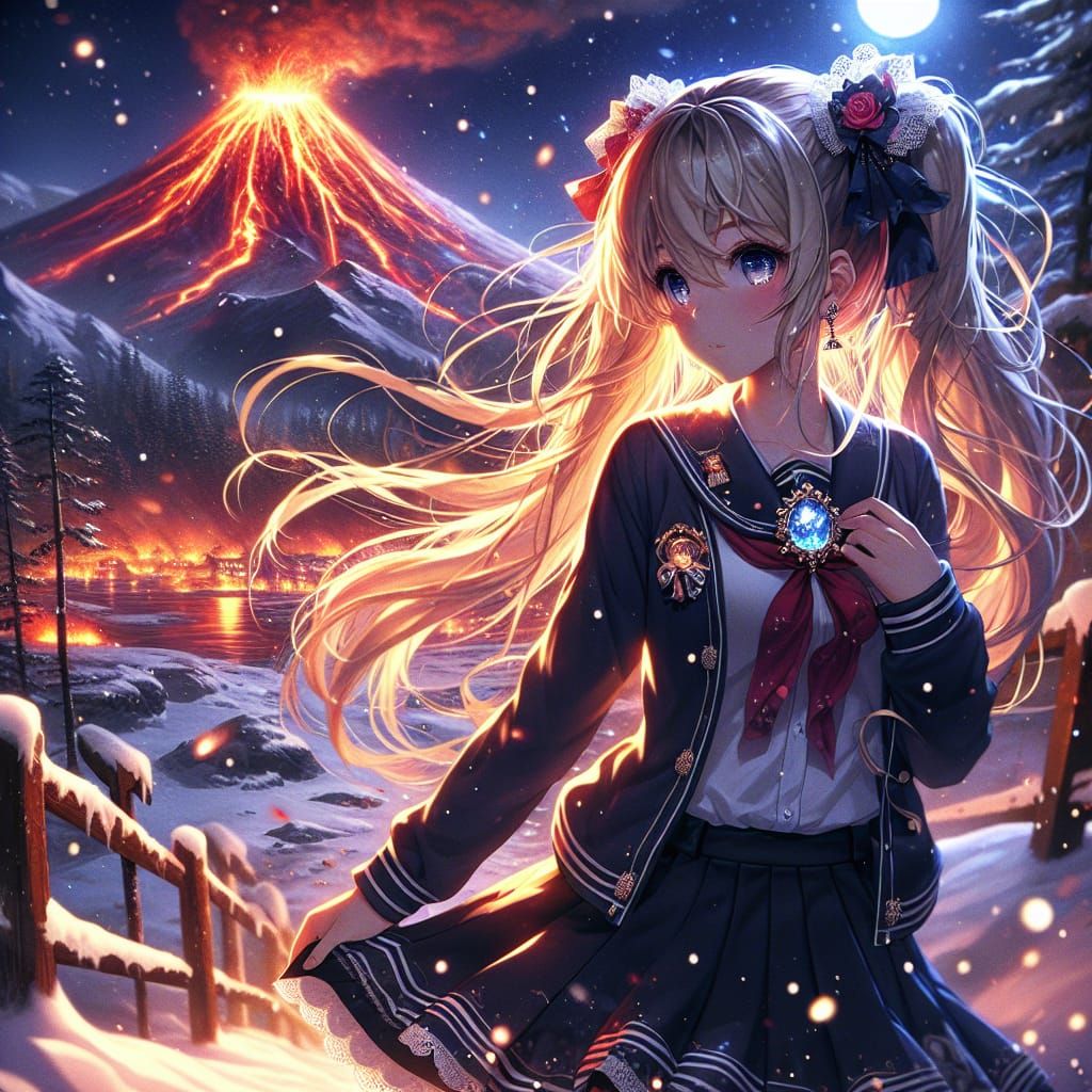 Magical Girl in Snowy Landscape, Anime Illustration