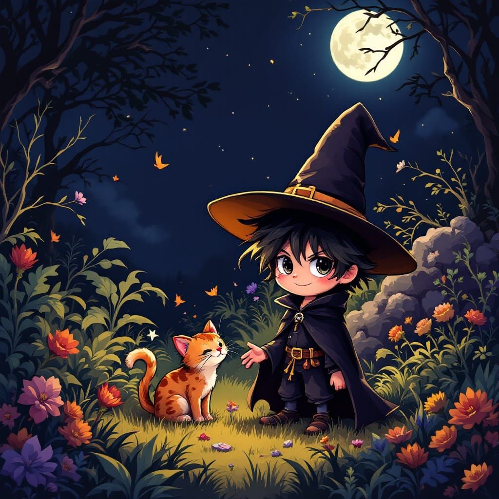 Cute Witchboy in Mystical Garden Anime Style