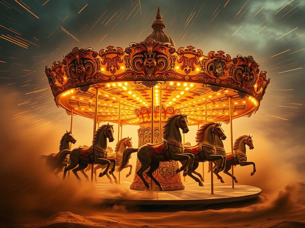 Baroque Carousel in Desert Sandstorm with Fiery Rain