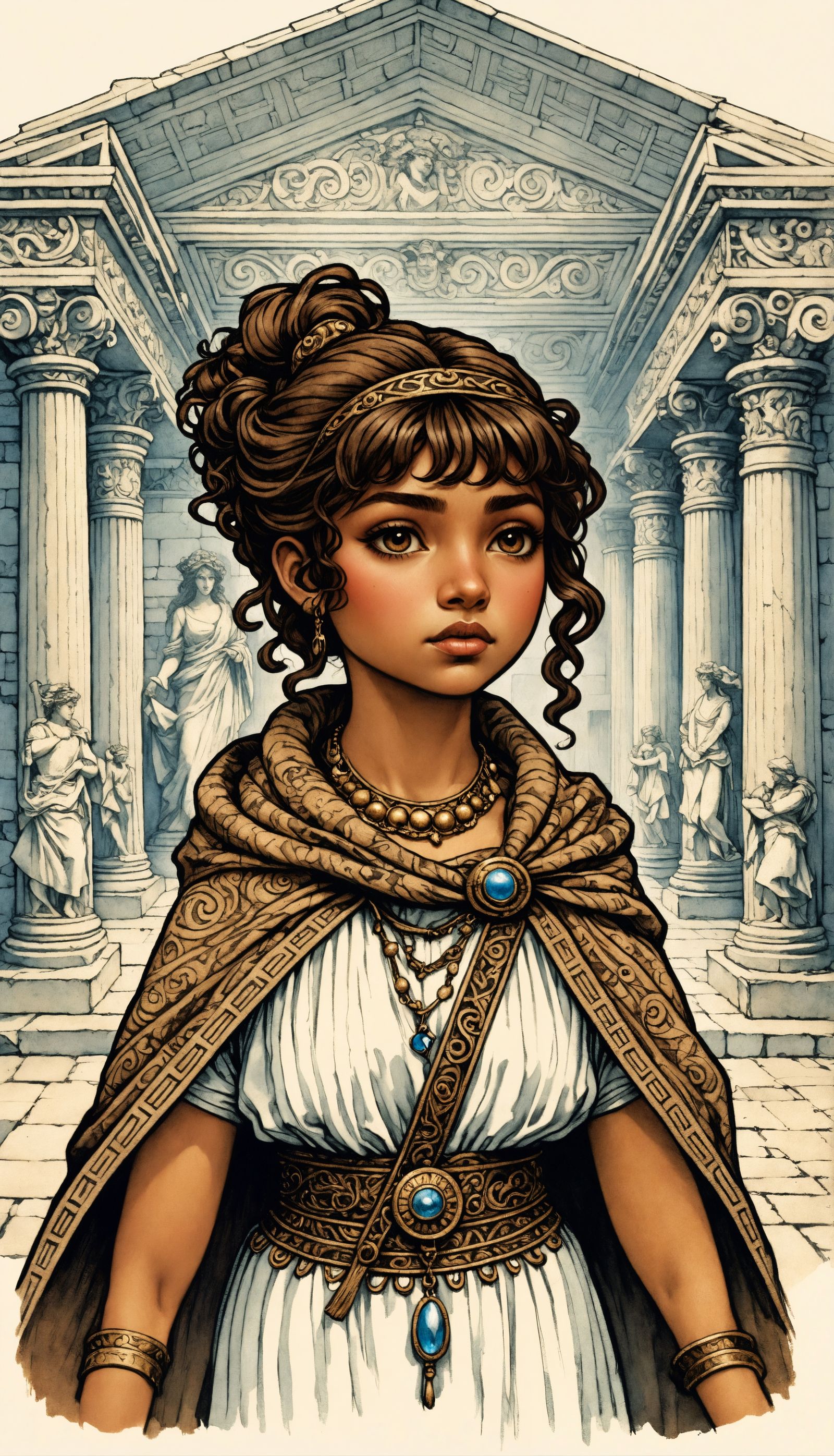 Greek Girl Detective in Arthur Rackham Style