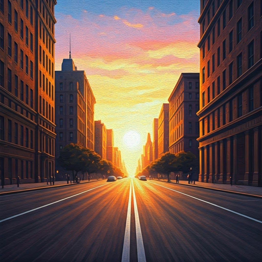 Neo-Impressionist Cityscape Illuminated by Radiant Sun