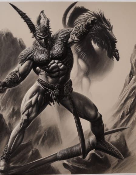 Epic Charcoal Drawing: Warriors Clash in Dark Fantasy