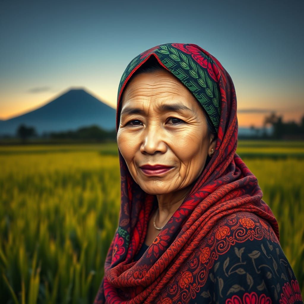 Serene Indonesian Woman in Batik Headdress, Rice Paddy Lands...