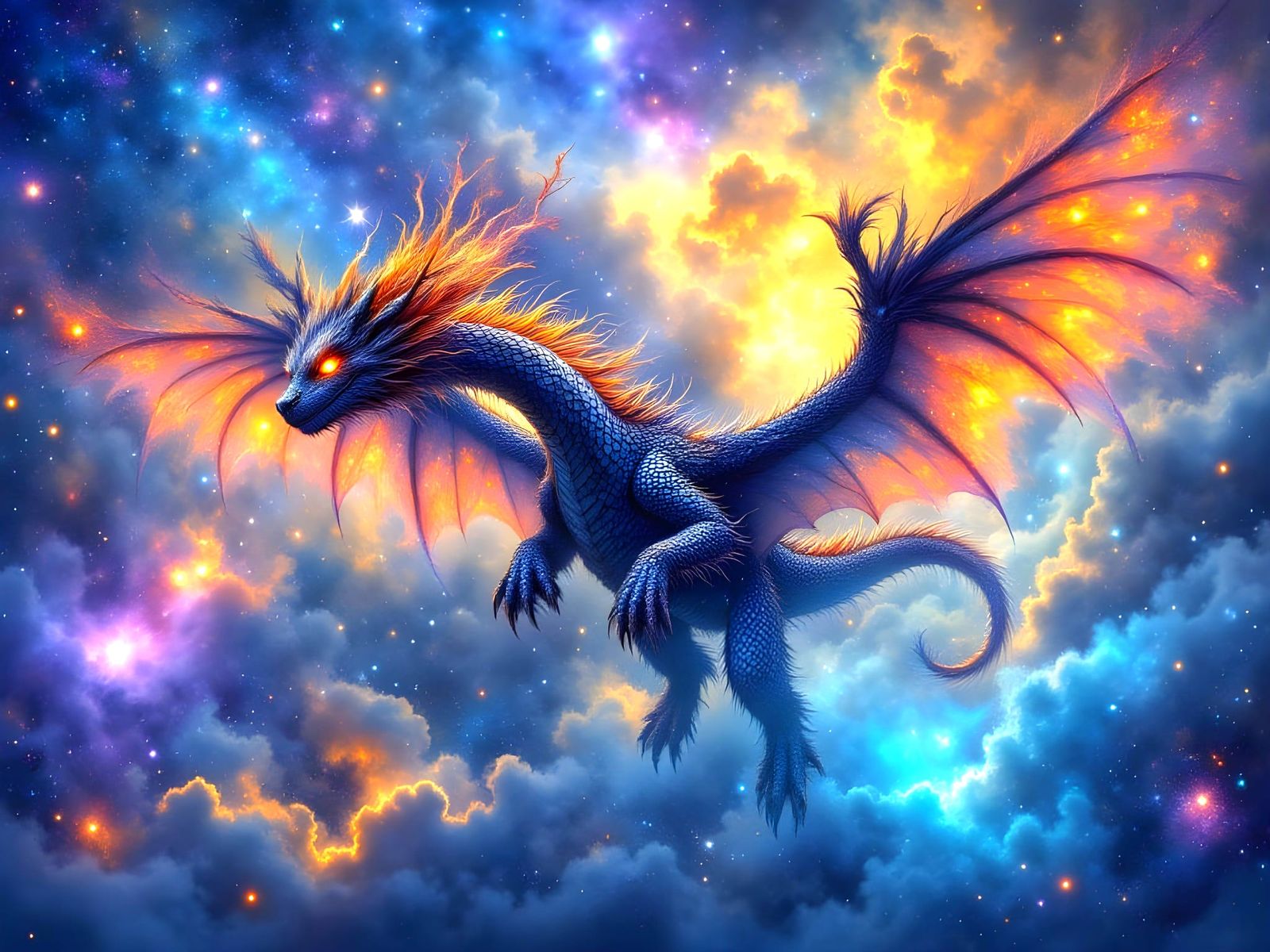 Majestic Obsidian Dragon Soars Through Cosmic Nebula