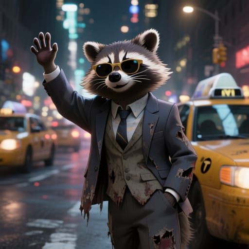 Raccoon in Suit Hails Taxi in Cinematic Night Cityscape