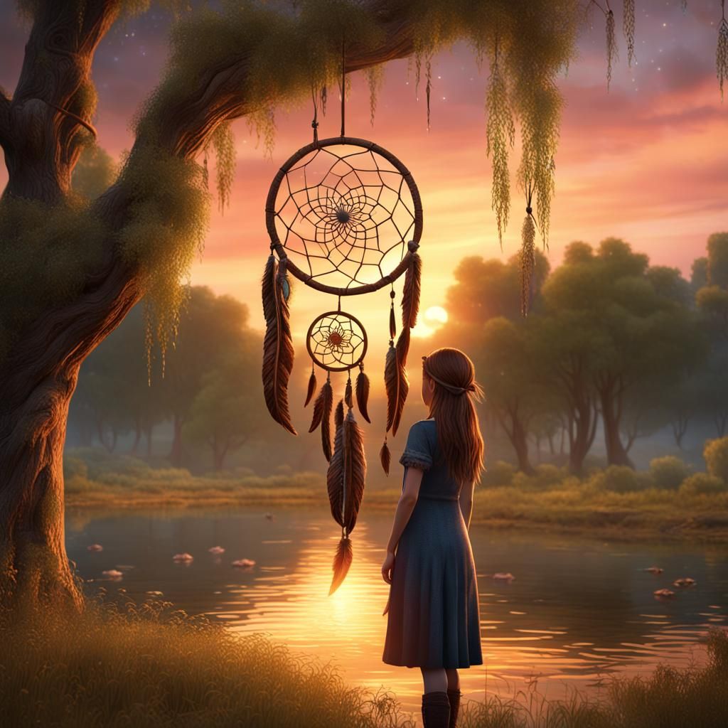Girl by Willow Tree with Dreamcatcher: Fantasy Concept Art