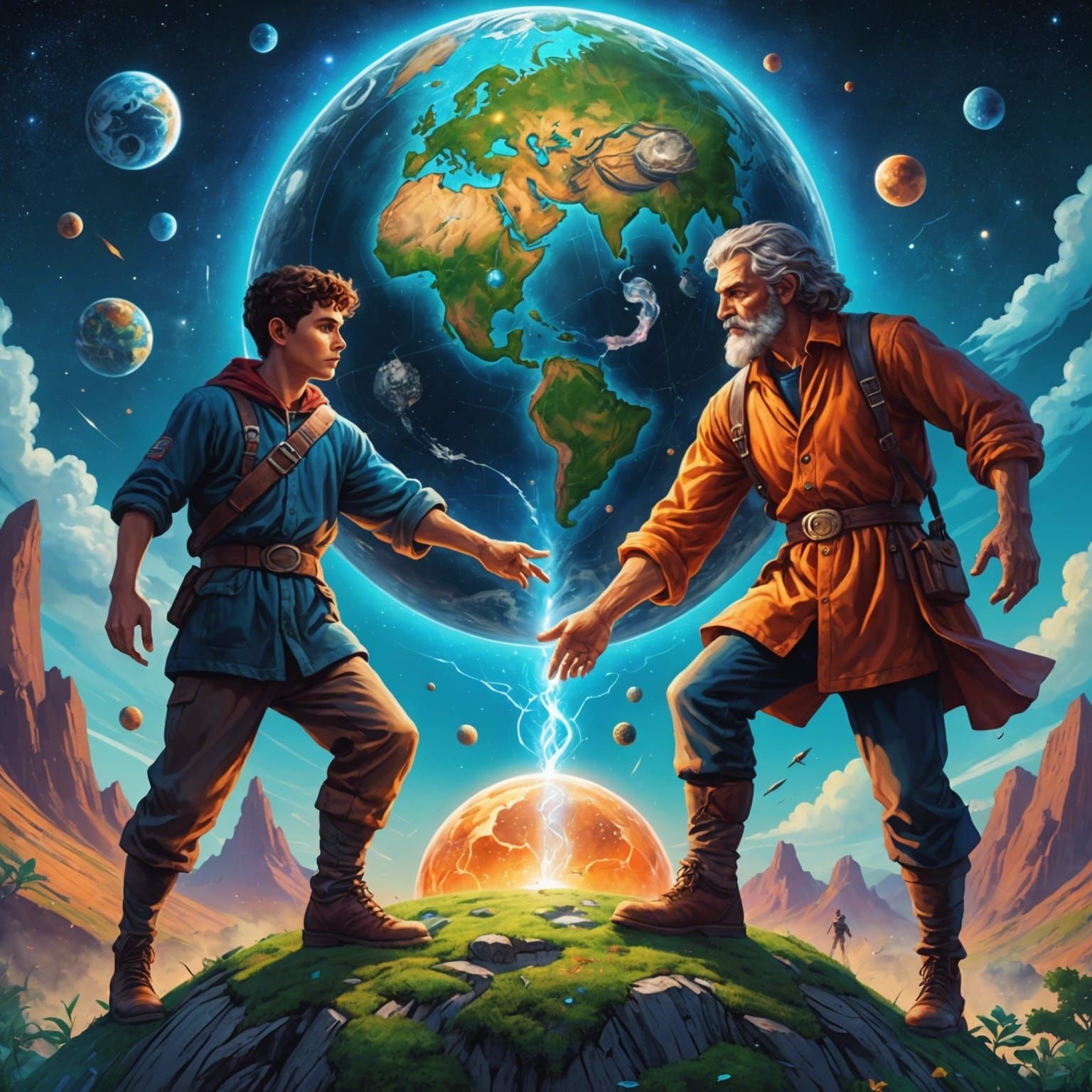 Giants Strike Earth: A Cosmic Mixed Media Illustration