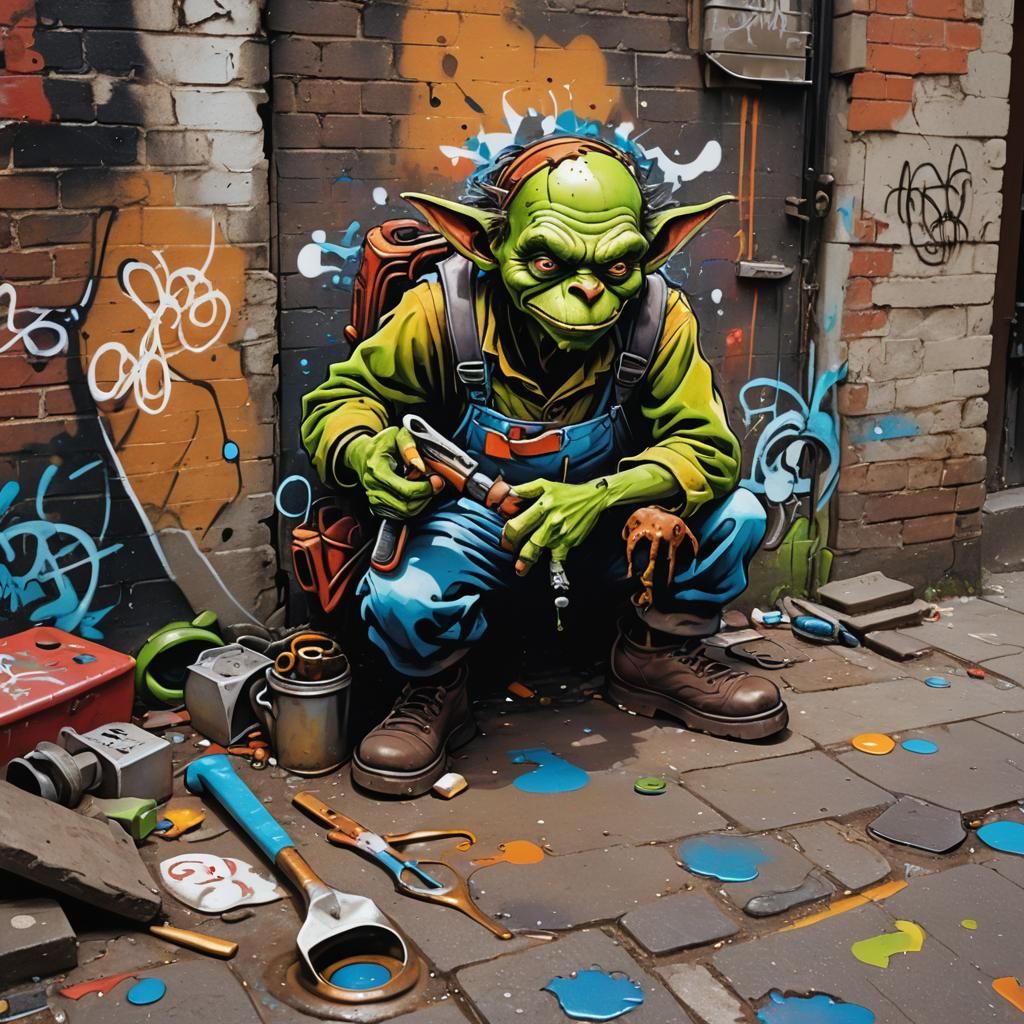 Goblin Plumber in Alleyway: Graffiti Street Art