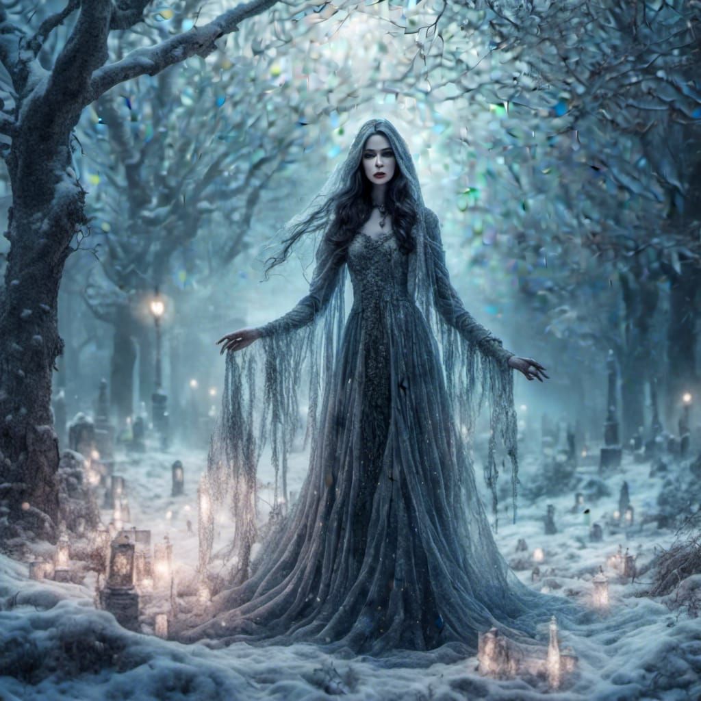 Mysterious Goth Witch in Sparkling Snowy Scene