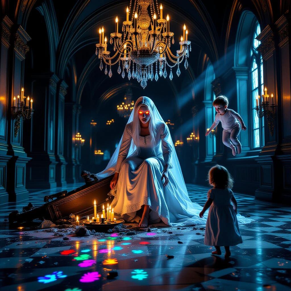 Ghost Perches on Fallen Chandelier in Castle Hall