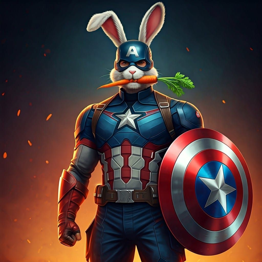 Captain America Bunny Hero Stands with Shield and Carrot